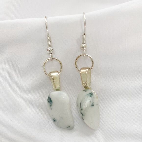 Handmade White Green Marbled Stone Earrings with Silver Tone Hardware - Picture 2 of 2